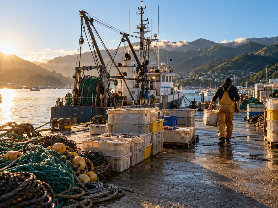 Pesquero amarrado en el puerto de Nelson con cajas de pescado en el muelle y un pescador de espaldas, cuotas de pesca con blockchain en Nueva Zelanda