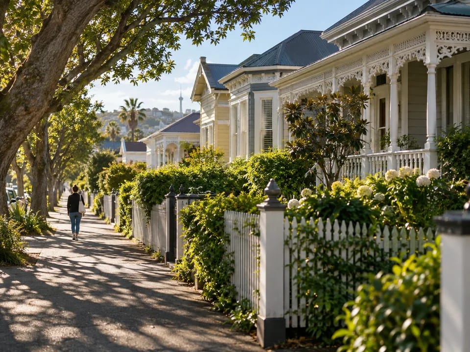 Calle de villas victorianas de madera en Auckland con un peatón de espaldas, títulos de propiedad con blockchain en Nueva Zelanda
