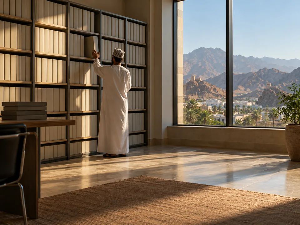 Person seen from behind pulling a binder from shelves of bound records in an office in Muscat, data on every transfer with blockchain in Oman