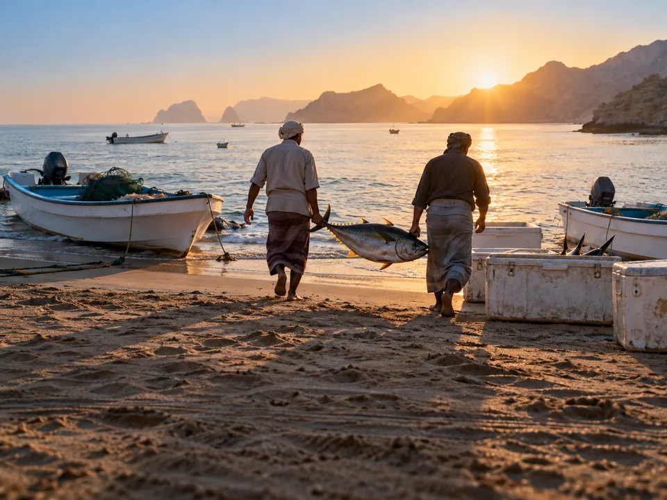 Fishermen seen from behind unloading a tuna from a boat pulled up on a beach on the Omani coast at dawn, catch certificates with blockchain in Oman