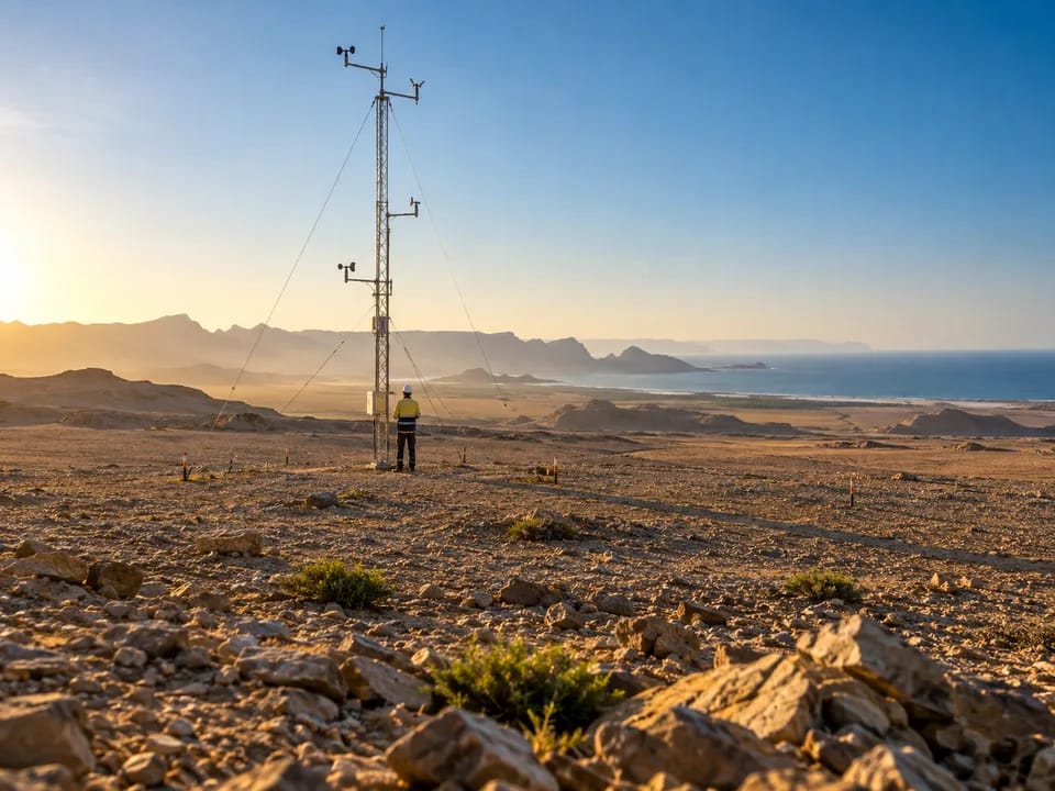 Engineer seen from behind beside a wind measurement mast on the desert plain near Duqm, green hydrogen with blockchain in Oman