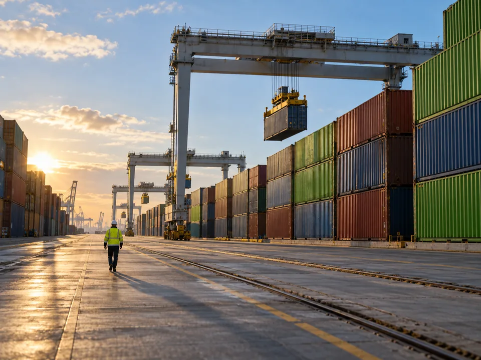 Grúas de apilado y contenedores en una terminal del Maasvlakte de Rotterdam con un inspector de espaldas, contenedores en Rotterdam con blockchain en Países Bajos