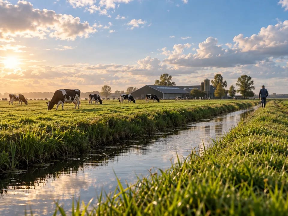 Friesian cows on a green polder beside a dairy farm with a farmer seen from behind, dairy phosphate rights with blockchain in the Netherlands