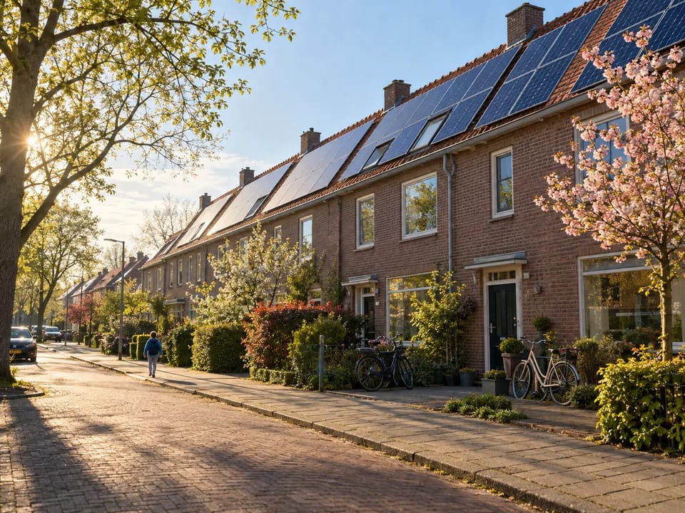Solar panels on the roofs of a row of Dutch brick terraced houses, household solar surplus with blockchain in the Netherlands