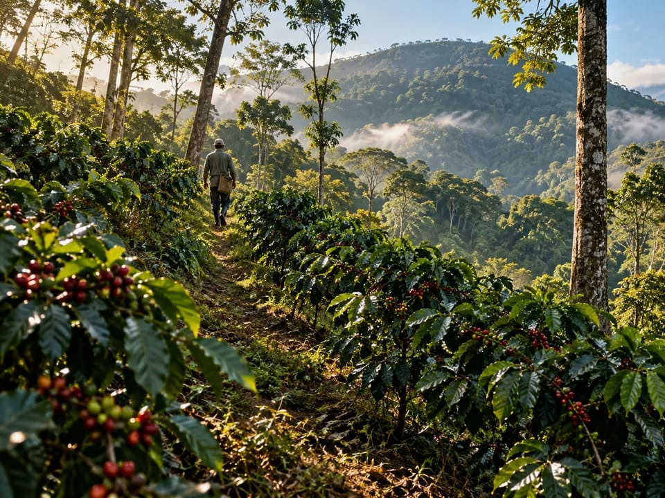 Coffee grower seen from behind among shade-grown coffee plants on a mountain farm in Capira, deforestation-free coffee with blockchain in Panama