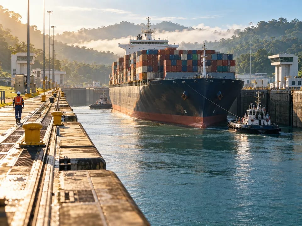 Buque portacontenedores entrando en las esclusas de Agua Clara del Canal de Panamá entre la vegetación tropical, cupos de tránsito del Canal con blockchain en Panamá