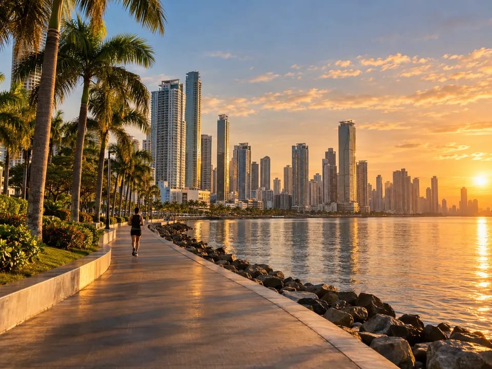 Residential towers on the bay of Panama City seen from the Cinta Costera at sunset, real estate shares with blockchain in Panama