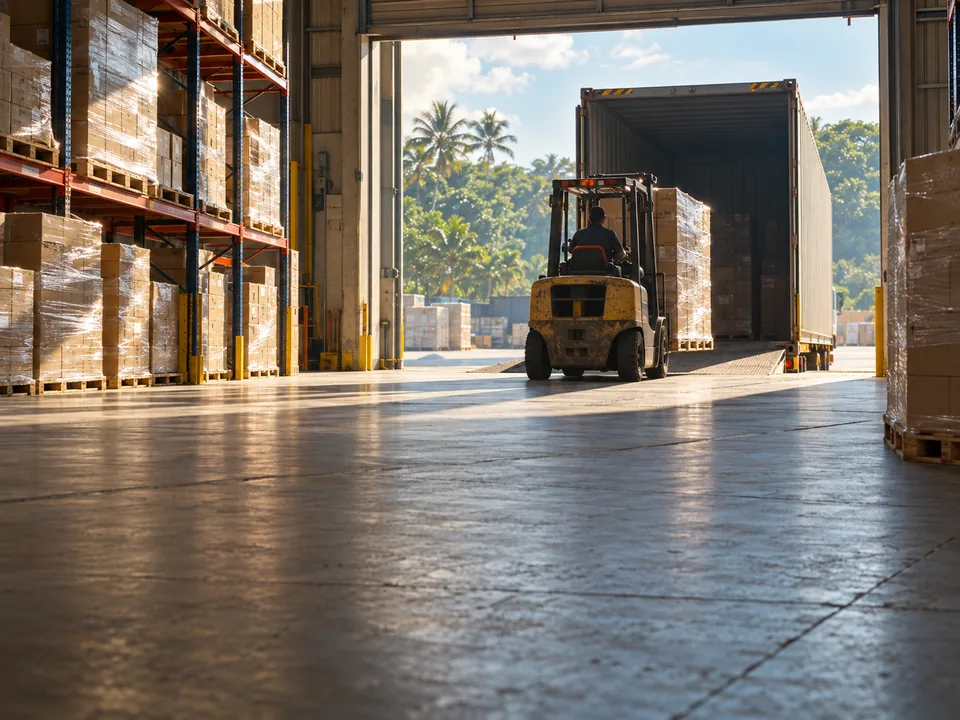 Aisle of a Colón Free Zone warehouse with pallets of wrapped boxes and a forklift, Free Zone re-exports with blockchain in Panama