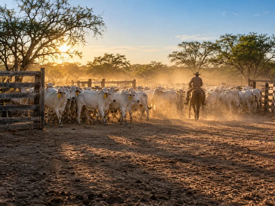 Zebu cattle with ear tags in a wooden corral on a Chaco ranch at dawn, beef traceability with blockchain in Paraguay