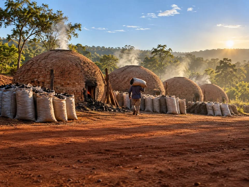 Hornos de carbón de ladrillo en forma de cúpula y sacos de carbón apilados en el este de Paraguay, carbón vegetal de origen legal con blockchain en Paraguay