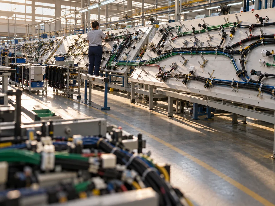 Worker seen from behind routing car wiring harnesses on assembly boards in a maquila plant, traceable maquila inputs with blockchain in Paraguay
