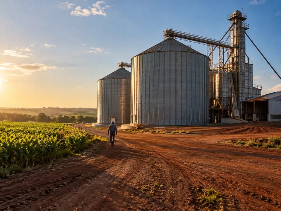 Steel grain silos and a loading tower of an agribusiness among fields in Itapúa, agribusiness bonds with blockchain in Paraguay
