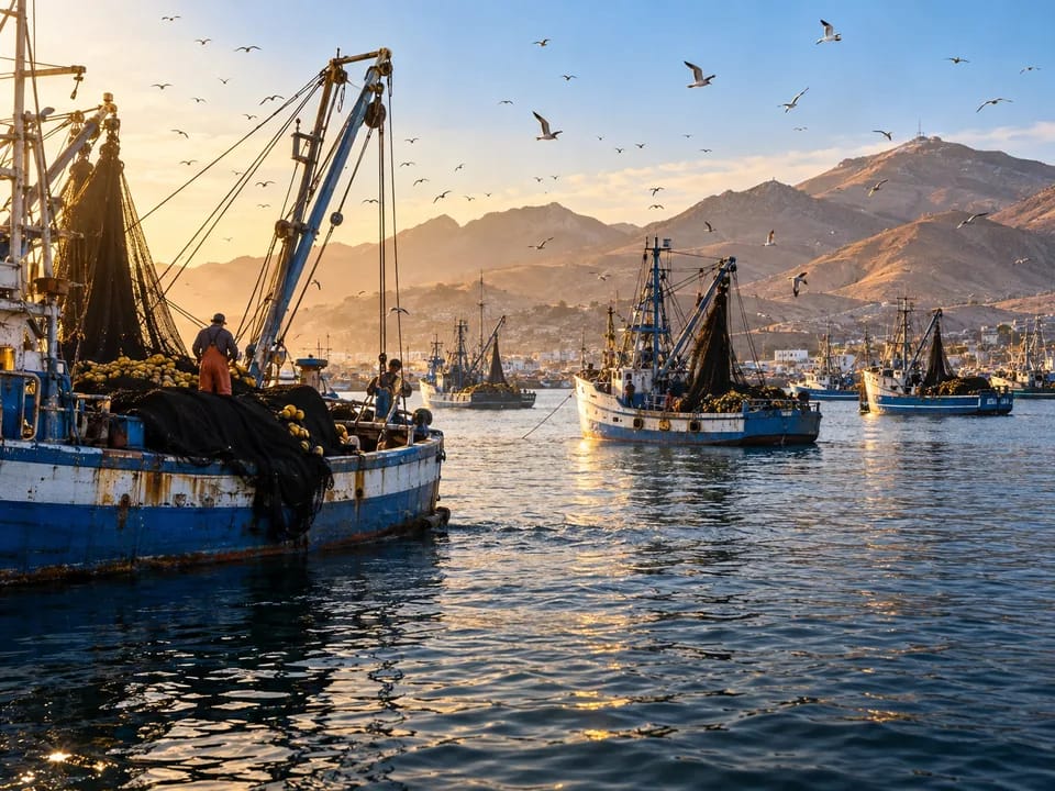 Bolicheras anchoveteras fondeadas frente al muelle de Chimbote al amanecer, anchoveta por embarcación con blockchain en Perú