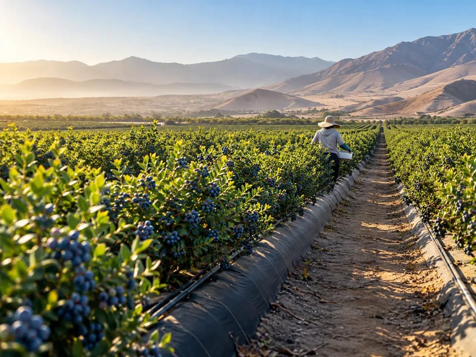 Picker seen from behind harvesting blueberries along rows of bushes on a farm in La Libertad, export blueberries with blockchain in Peru