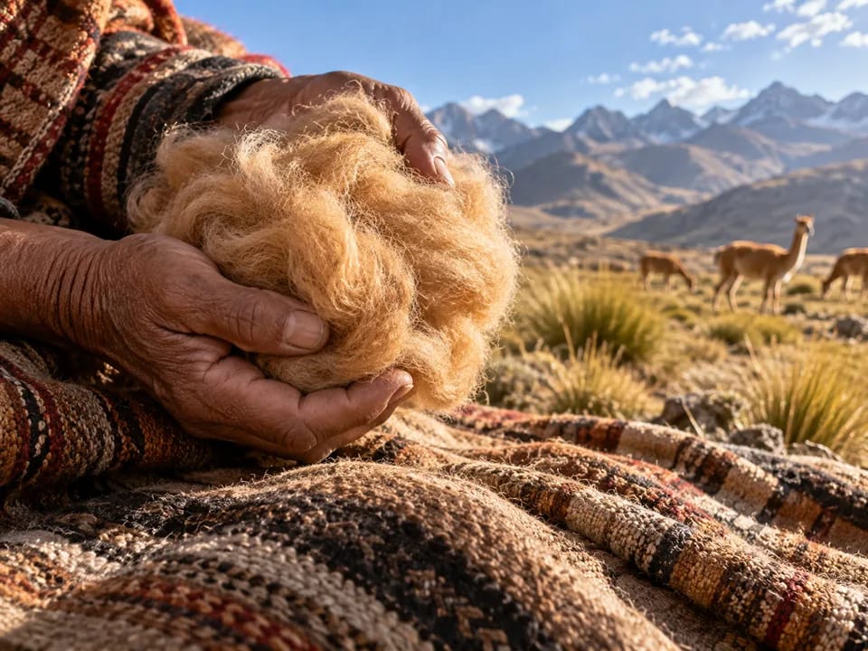Hands holding freshly shorn cinnamon-coloured vicuña fibre in the Ayacucho highlands, vicuña fibre with blockchain in Peru