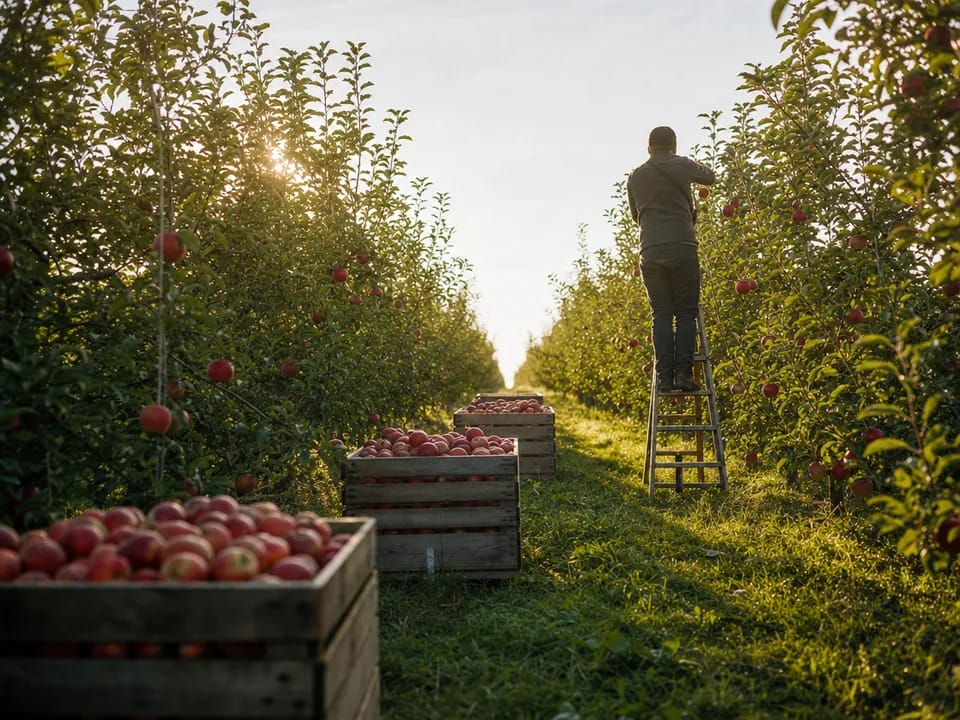 Cajas de madera llenas de manzanas rojas entre hileras de manzanos en un huerto de Grójec, trazabilidad de las manzanas de Grójec con blockchain en Polonia