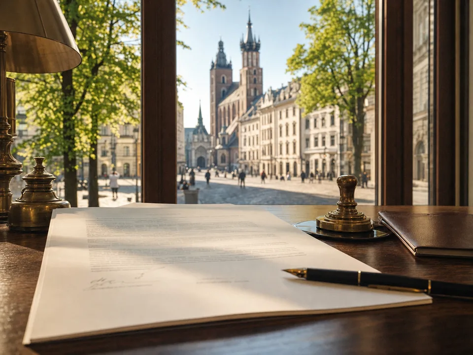 Pacto de accionistas firmado con sello notarial sobre la mesa de una notaría de Cracovia, registro de accionistas con blockchain en Polonia
