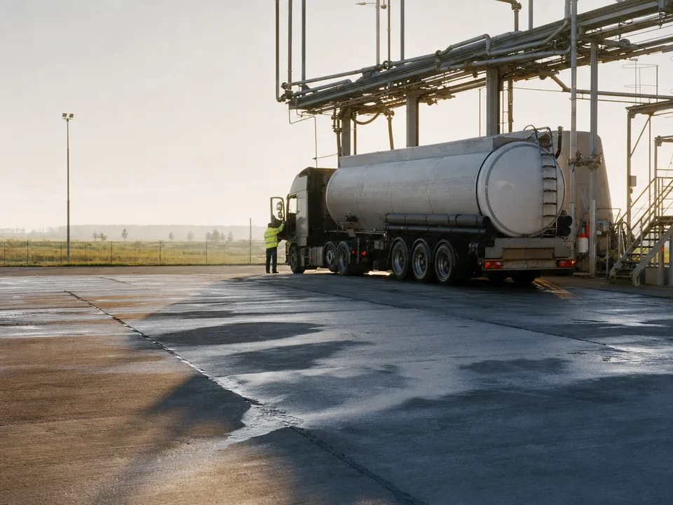 Camión cisterna cargando en el muelle de un depósito de combustible polaco al amanecer, transporte de carburante con blockchain en Polonia