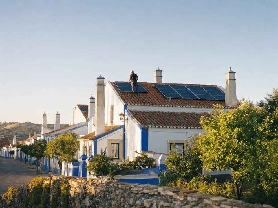 Solar panels on the roofs of whitewashed houses in an Alentejo village, collective self-consumption with blockchain in Portugal