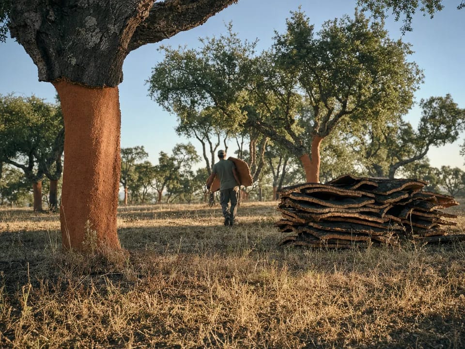 Freshly harvested cork planks stacked beside cork oaks in the Alentejo, cork traceability with blockchain in Portugal