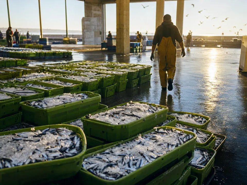 Crates of fresh sardines on the floor of a Portuguese fish auction hall at dawn, auctioned fish traceability with blockchain in Portugal