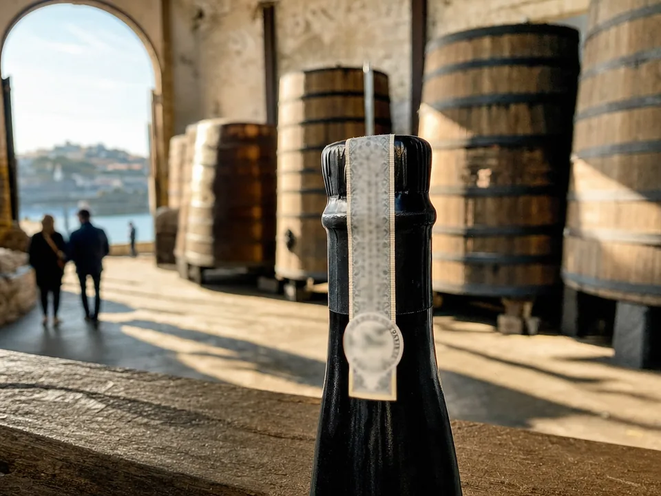 Neck of a Port wine bottle with its paper seal in a Vila Nova de Gaia cellar, Port wine seal with blockchain in Portugal