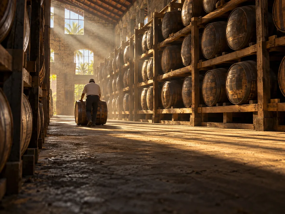 Oak barrels stacked in a rum ageing warehouse in Puerto Rico with light coming through the windows, rum ageing with blockchain in Puerto Rico
