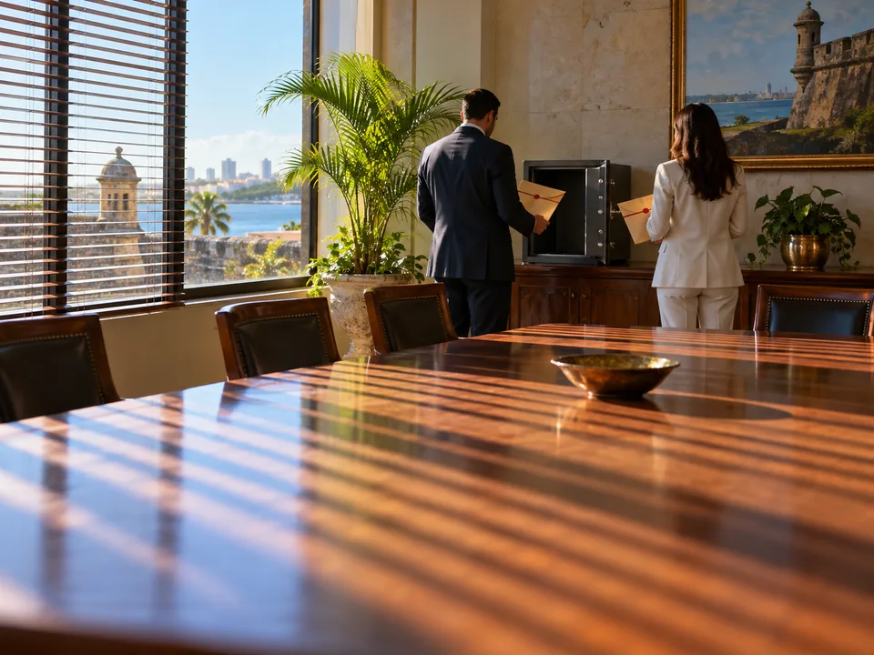 Two people seen from behind holding sealed envelopes beside an open safe in a San Juan office, custody for international clients with blockchain in Puerto Rico