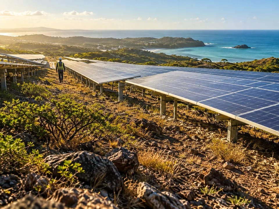Hileras de paneles solares en una ladera seca del sur de Puerto Rico con el mar Caribe al fondo, certificados de energía renovable con blockchain en Puerto Rico