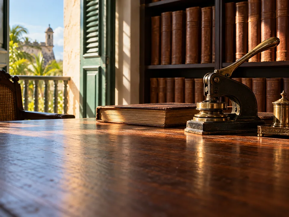 Bound volumes of notarial protocols on the shelf of an Old San Juan notary's office, verifiable notarial index with blockchain in Puerto Rico