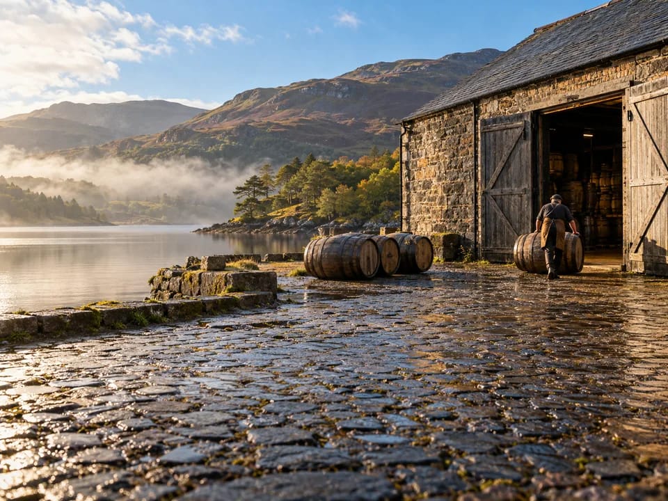 A cooper rolling an oak cask outside a stone whisky warehouse on the shore of a Scottish loch, Scotch whisky cask traceability with blockchain in the United Kingdom
