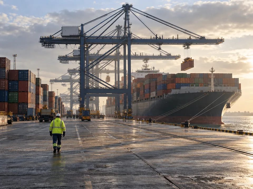 Gantry cranes loading containers onto a ship at the Port of Felixstowe, electronic bills of lading with blockchain in the United Kingdom
