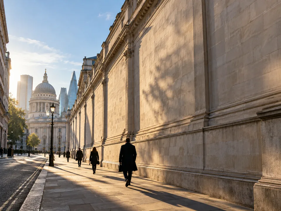 Muro de piedra del Banco de Inglaterra en Threadneedle Street a primera hora, con peatones de espaldas, gilt digital con blockchain en Reino Unido