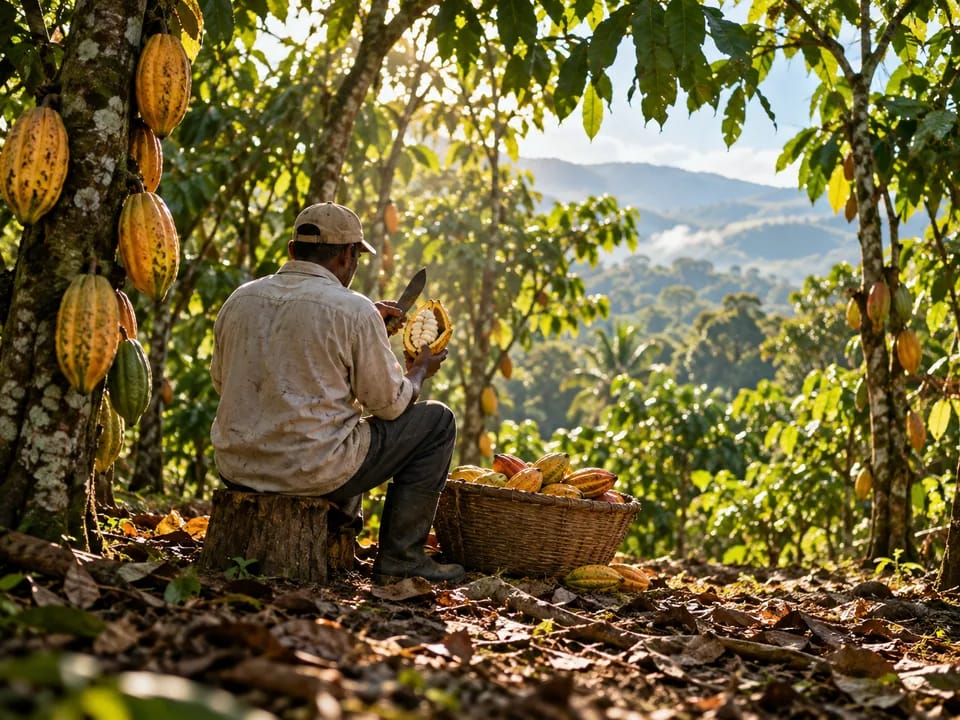 Productor de espaldas abriendo mazorcas de cacao bajo la sombra de una plantación de San Francisco de Macorís, cacao orgánico con blockchain en República Dominicana