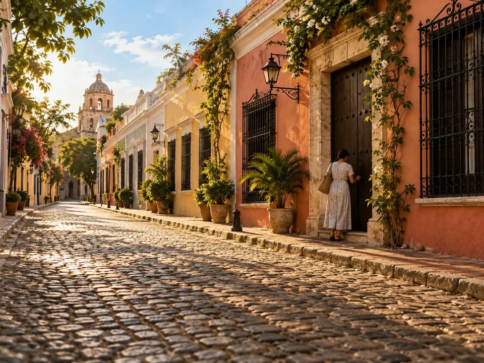 Casas coloniales de colores con ventanas de madera en una calle empedrada de la Zona Colonial de Santo Domingo, certificados de título con blockchain en República Dominicana