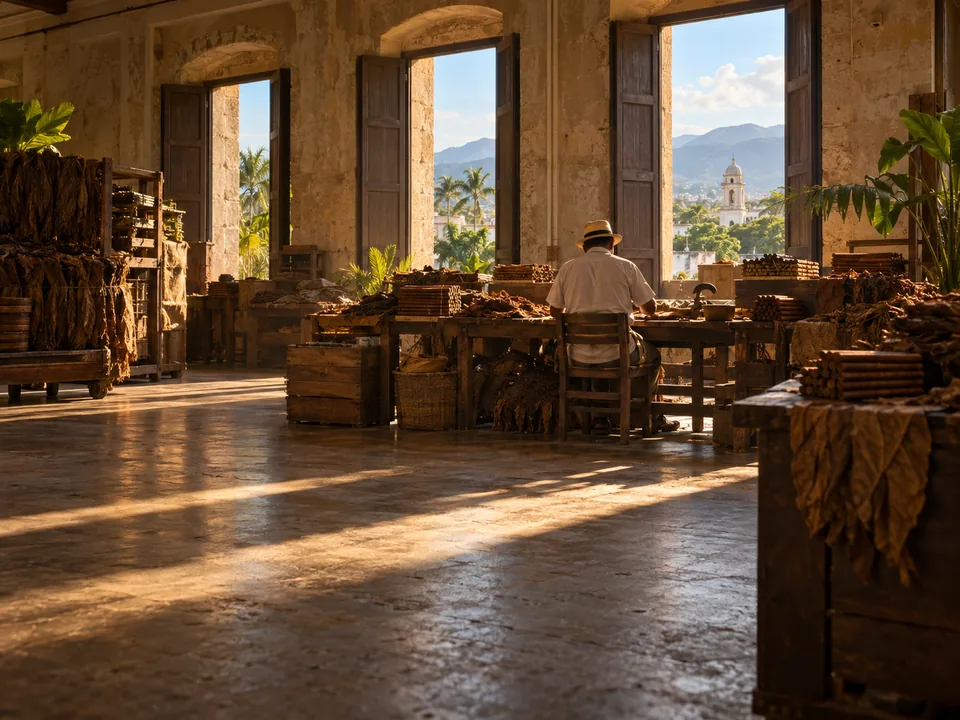 Cigar roller seen from behind hand-rolling cigars at a wooden table in a Santiago de los Caballeros factory, premium cigars with blockchain in the Dominican Republic
