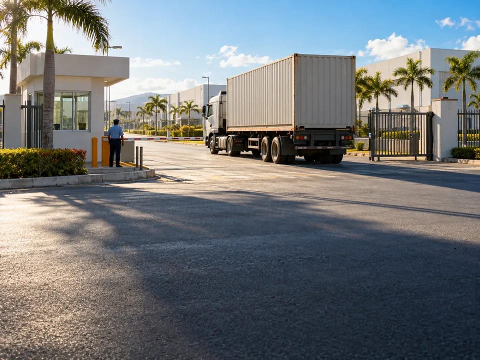 Container truck leaving through the control gate of a free zone park in the Dominican Republic, free zone exports with blockchain
