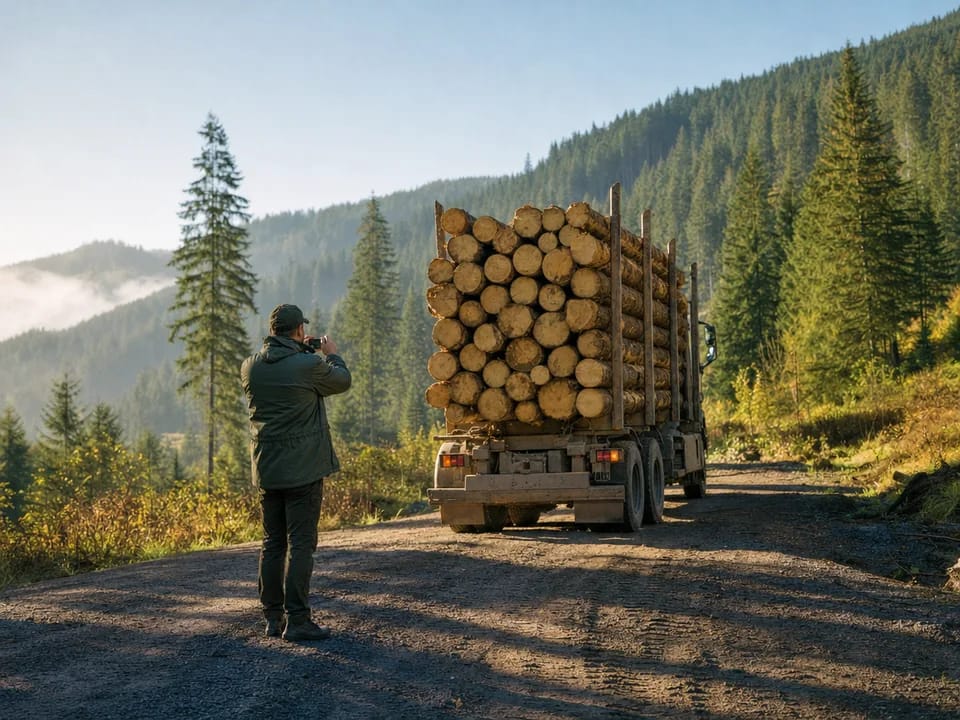 Camión cargado de troncos de abeto en una pista forestal de los Cárpatos, trazabilidad de la madera con blockchain en Rumanía