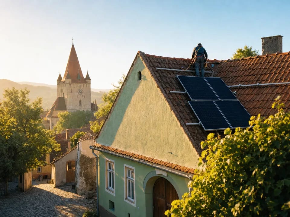 Paneles solares en el tejado de una casa sajona de colores en un pueblo de Transilvania, saldo del prosumidor con blockchain en Rumanía