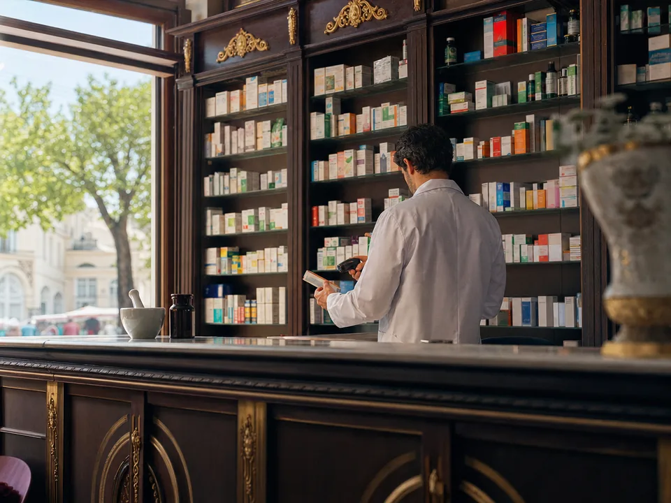 Farmacéutico de espaldas escaneando una caja de medicamento en una farmacia rumana, verificación de medicamentos con blockchain en Rumanía