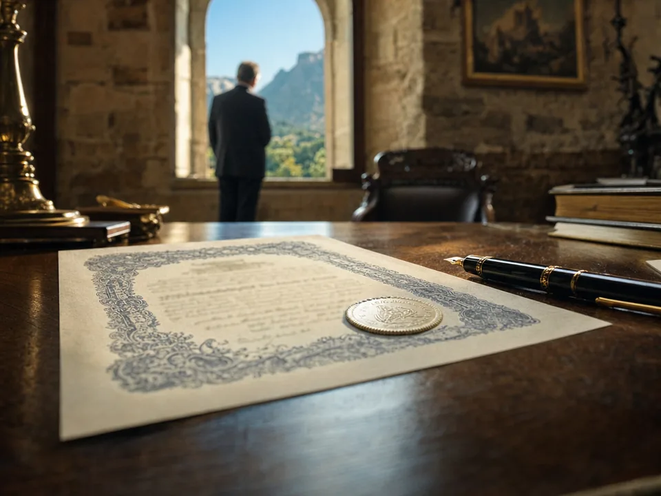 Printed bond certificate with an embossed seal on a wooden desk in a stone-walled office, tokenized bonds with blockchain in San Marino