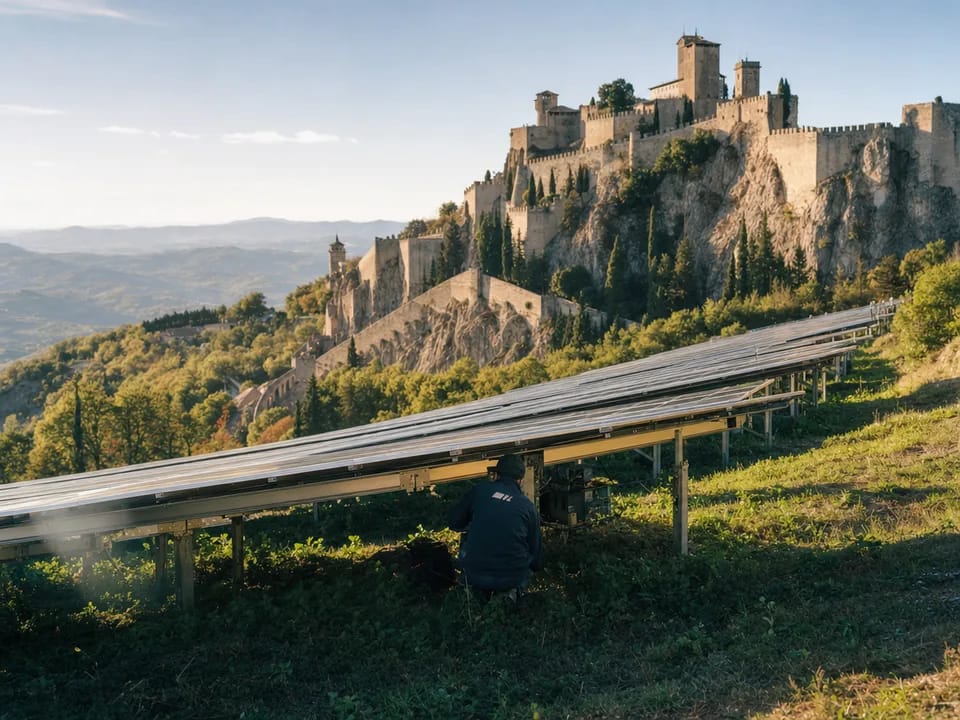 Row of solar panels in a hillside field below the medieval walls of San Marino with a technician seen from behind, remote solar with blockchain in San Marino