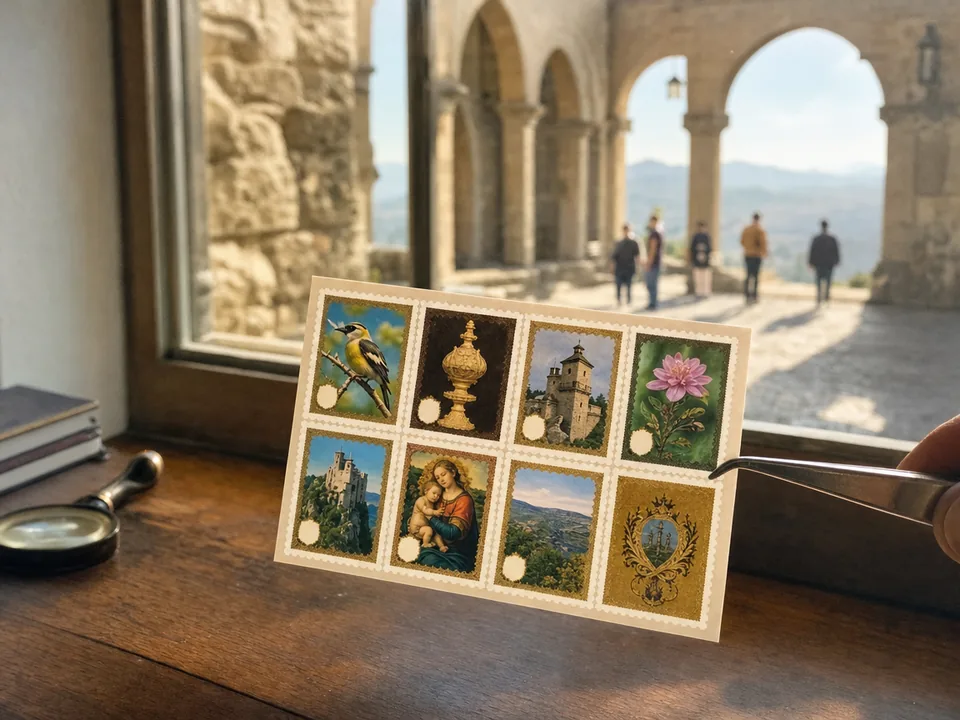 Freshly printed souvenir sheet of stamps held with philatelist's tweezers on a table by a window, philatelic issues with blockchain in San Marino