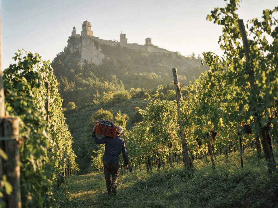 Grape picker seen from behind carrying a crate of Sangiovese grapes in a vineyard on the clay hills below Monte Titano, certified Brugneto wine with blockchain in San Marino