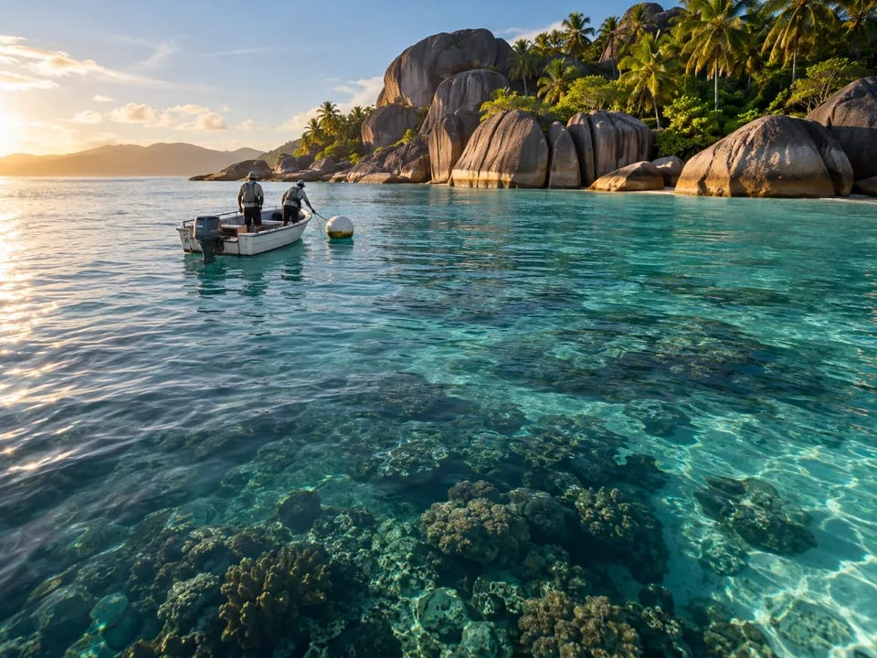 Rangers seen from behind in a small boat beside a mooring buoy in a marine protected area off a granite island, blue bond funds with blockchain in Seychelles