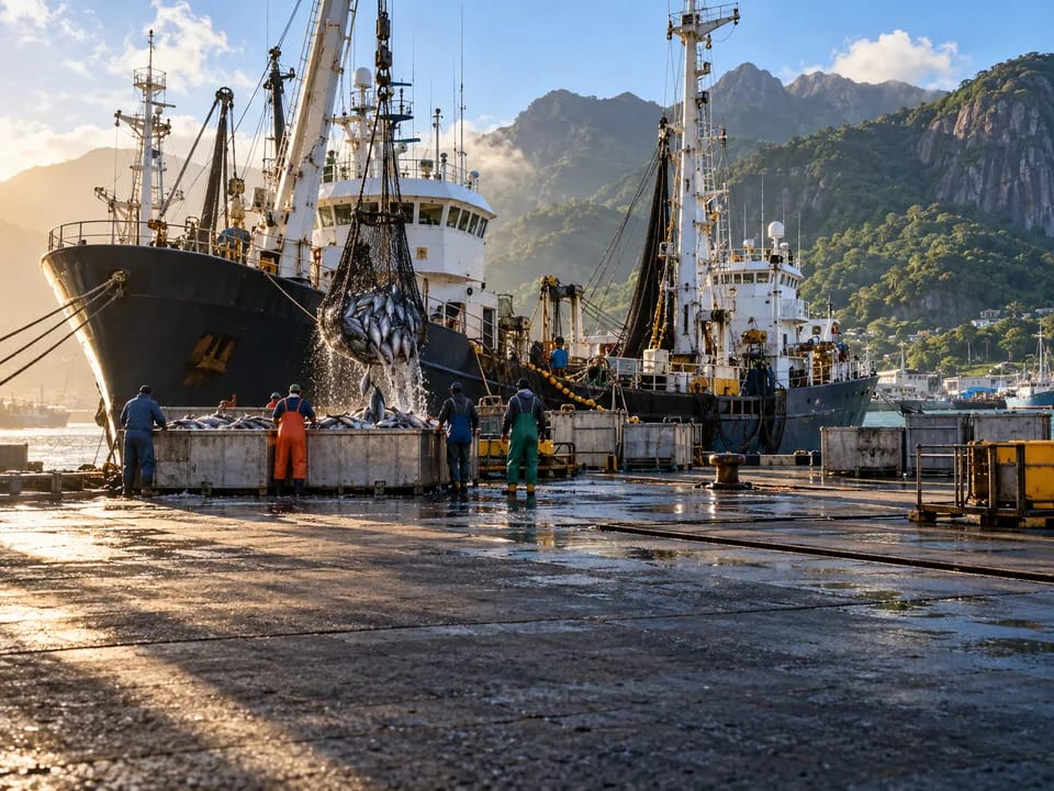 Purse seiners moored at the Port Victoria fishing port with crew seen from behind unloading frozen tuna, purse seine tuna with blockchain in Seychelles