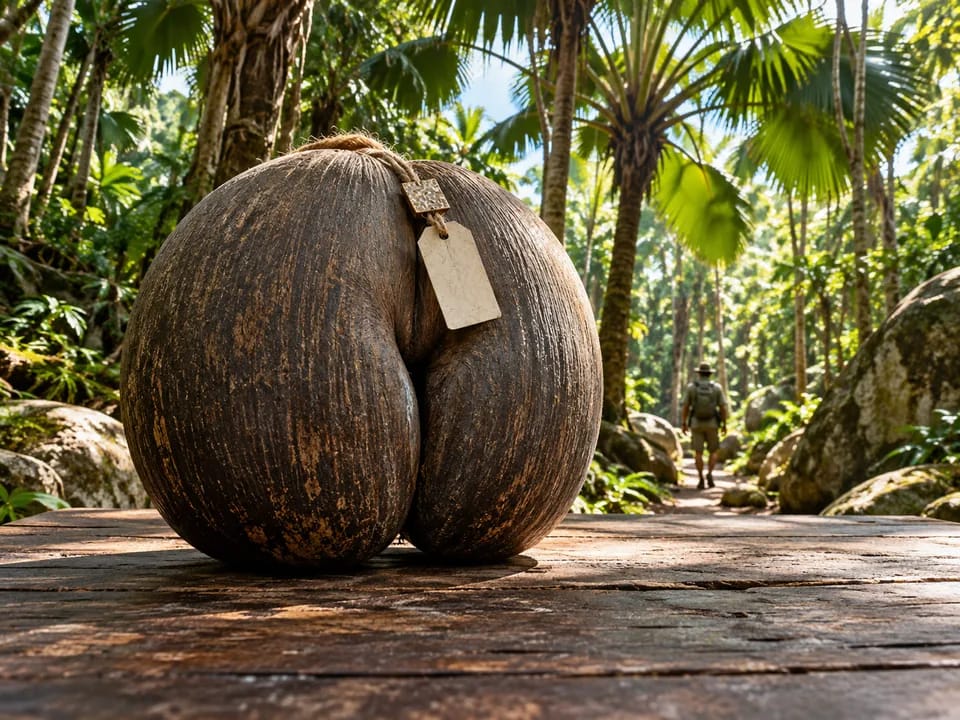 A double-lobed coco de mer with a small holographic tag on a wooden table in the Vallée de Mai palm forest, tagged coco de mer with blockchain in Seychelles