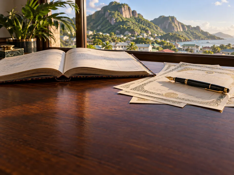 A share register book and signed certificates on a wooden desk in a Victoria office with granite hills behind, tokenized securities with blockchain in Seychelles