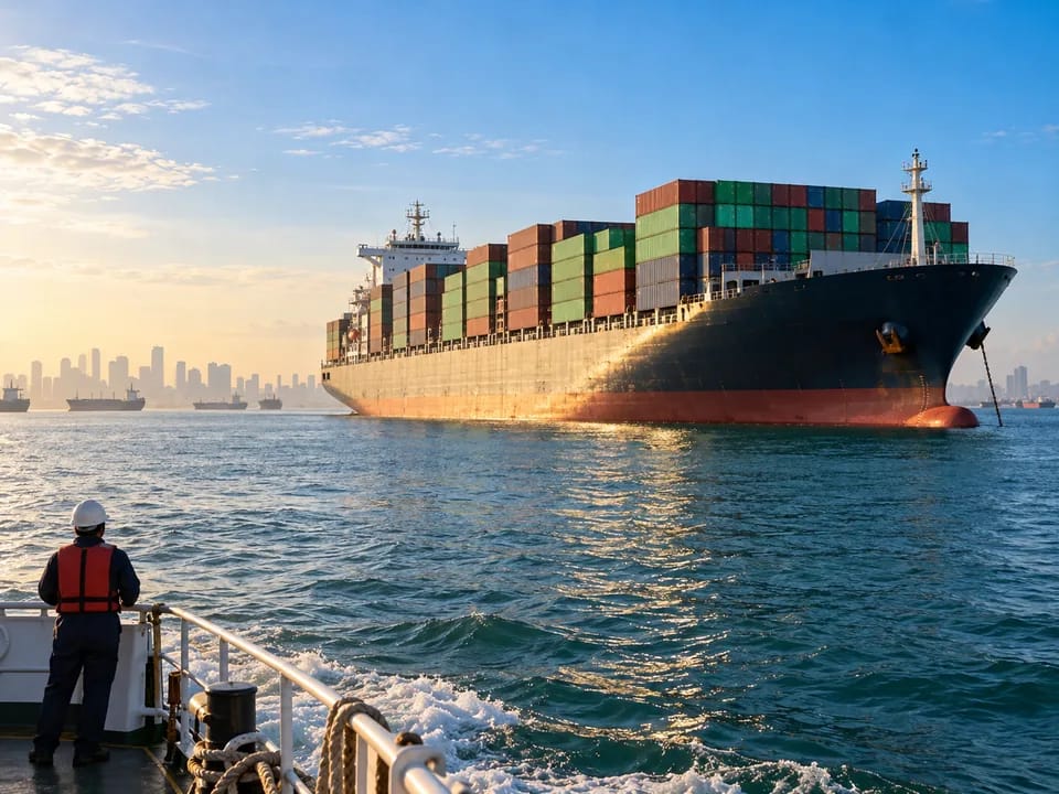 Container ship at anchor in the Singapore Strait seen from a launch, electronic bills of lading with blockchain in Singapore