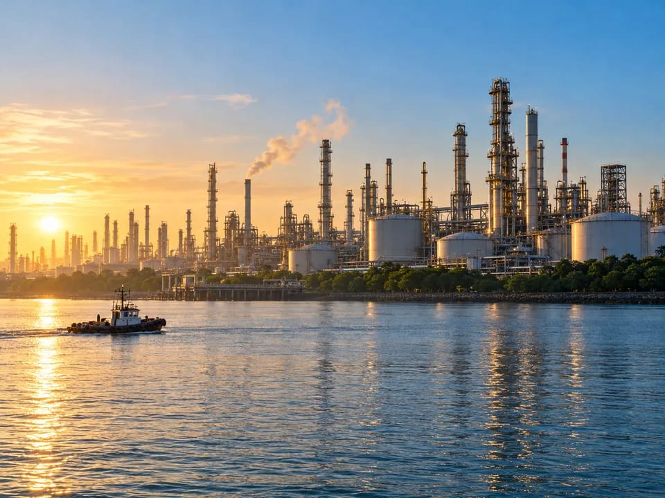 Jurong Island petrochemical plant seen from the water at dawn, international carbon credits with blockchain in Singapore